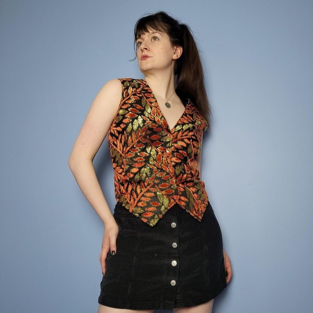 Vintage y2k orange leaf patterned waistcoat - Picture 2 of 4